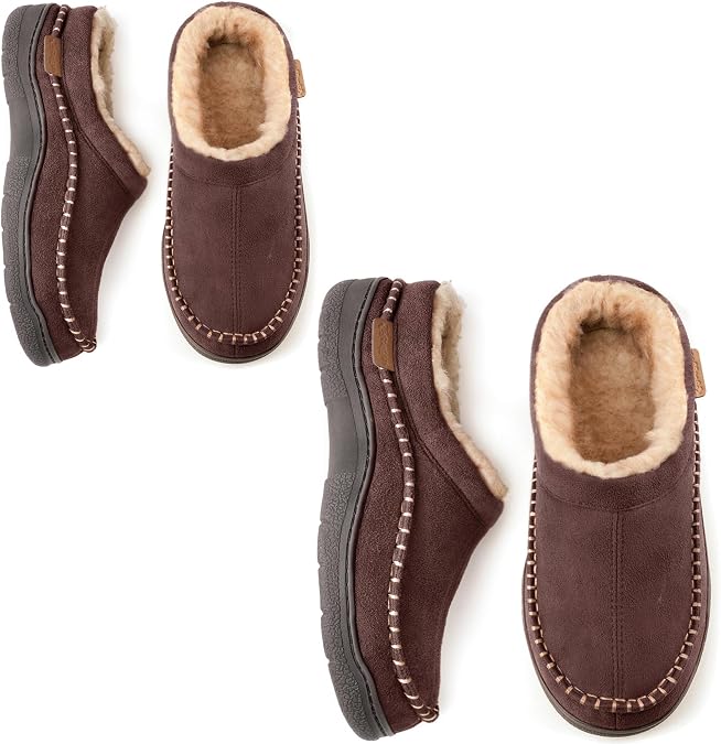 Zigzagger All Size for Family Set of 2 Pairs Size 11-12&10.5,Men's Slip On Moccasin Slippers, Indoor/Outdoor Warm Fuzzy Comfy House Shoes, Fluffy Wide Loafer Slippers,Coffee