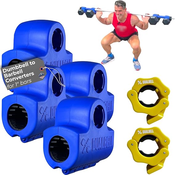 Dumbbells to Barbell Converters - Quick Setup Dumbbell Connectors, 500lb Capacity Barbell Adapters, Secure Fit, Quick Setup, Fits 1" Bars, Home Gym Equipment, Blue Superset w/Yellow Weight Co