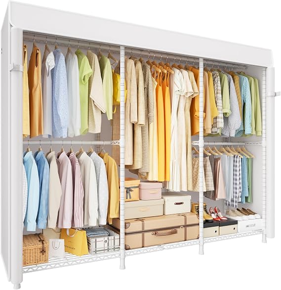 ULIFHOME E14C Pro Heavy Duty Closet Organizer System,Freestanding Clothing Racks for Hanging Clothes,Adjustable Garment Rack 69" W 16" D 77" H Hold 960 lbs,White Rack with White Dustproof Cover