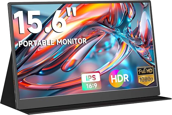qaf 15.6 Inch Portable Monitor FHD 1080P IPS Screen, 100% sRGB HDR USB-C mini HDMI Ultra-Thin Travel Second Monitor for Laptop Mac PC Phone PS5 Xbox, w/Smart Cover & Speakers, Black