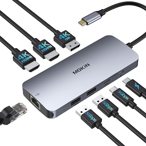 USB C Docking Station for 3 Monitors, 8 in 1 Docking Station Dual HDMI, Triple 4K Display with 2 HDMI and 1 Displayport, 1 Gbps Ethernet, 100W PD Charging, 3 USB 3.0 Ports for Dell, HP (Beige)