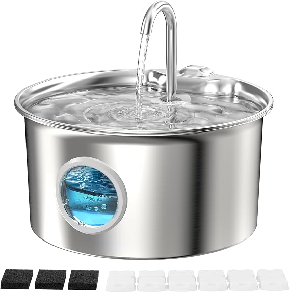 Stainless Steel Cat Water Fountain: Cat Fountain with 6 Filters + 3 Sponges