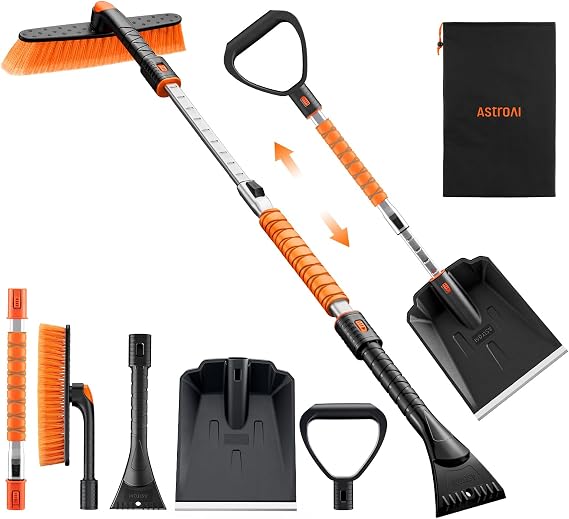 AstroAI 2" 1 Ice Scraper & Snow Shovel Kit, 47.2" Ice Scrapers for Car Windshield and 360 Pivoting Snow Brush, Extendable Snow Shovel with Foam Grip for Car, Trucks, SUVs, Vehicles(Orange)