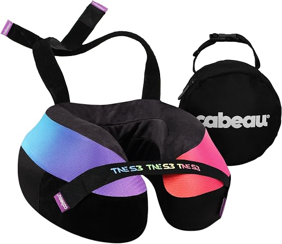 Cabeau Travel Neck Pillow for Airplanes The Necks Evolution, TNE S3 Supportive Memory Foam Design for Long Haul Flights Attachable Seat Straps and 360 Support (Amsterdam Rainbow)