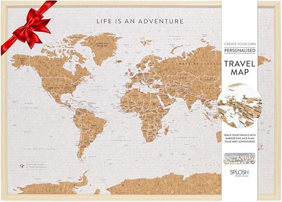 Splosh Travel Map - Large World Map Pin Board in White, Wooden Frame. World Map Cork Board with 100 Pins in 2 Colours to Mark Your Past and Future Adventures. Framed World Maps for Wall.