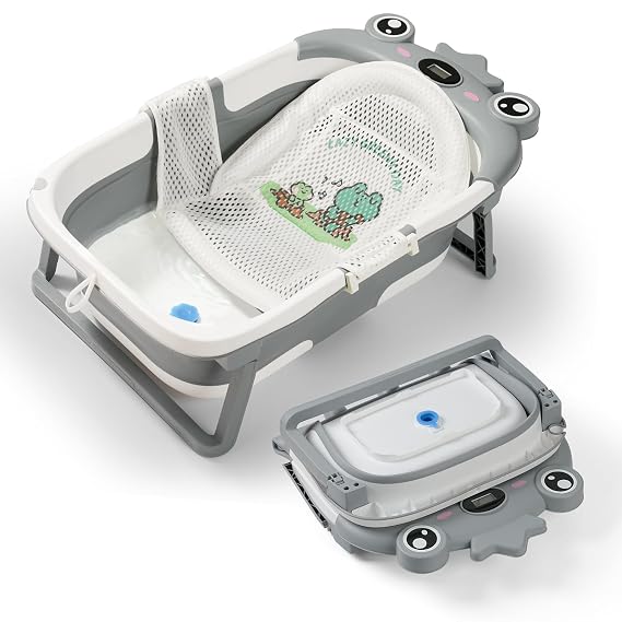Baby Bathtub Collapsible with Cushion & Thermometer, Foldable Travel Tub