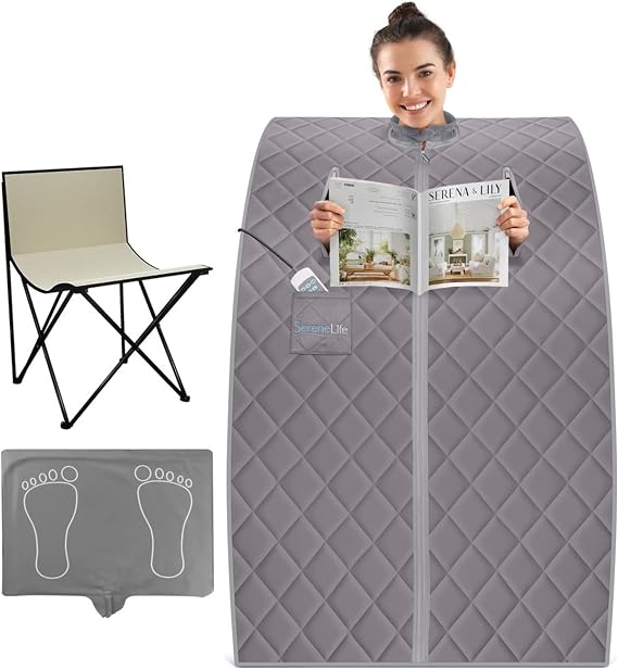 SereneLife Portable Sauna Box for Home, Infrared Sauna Tent with Heated Foot Pad and Folding Chair, Remote Control in-Home Spa, 38" x 32