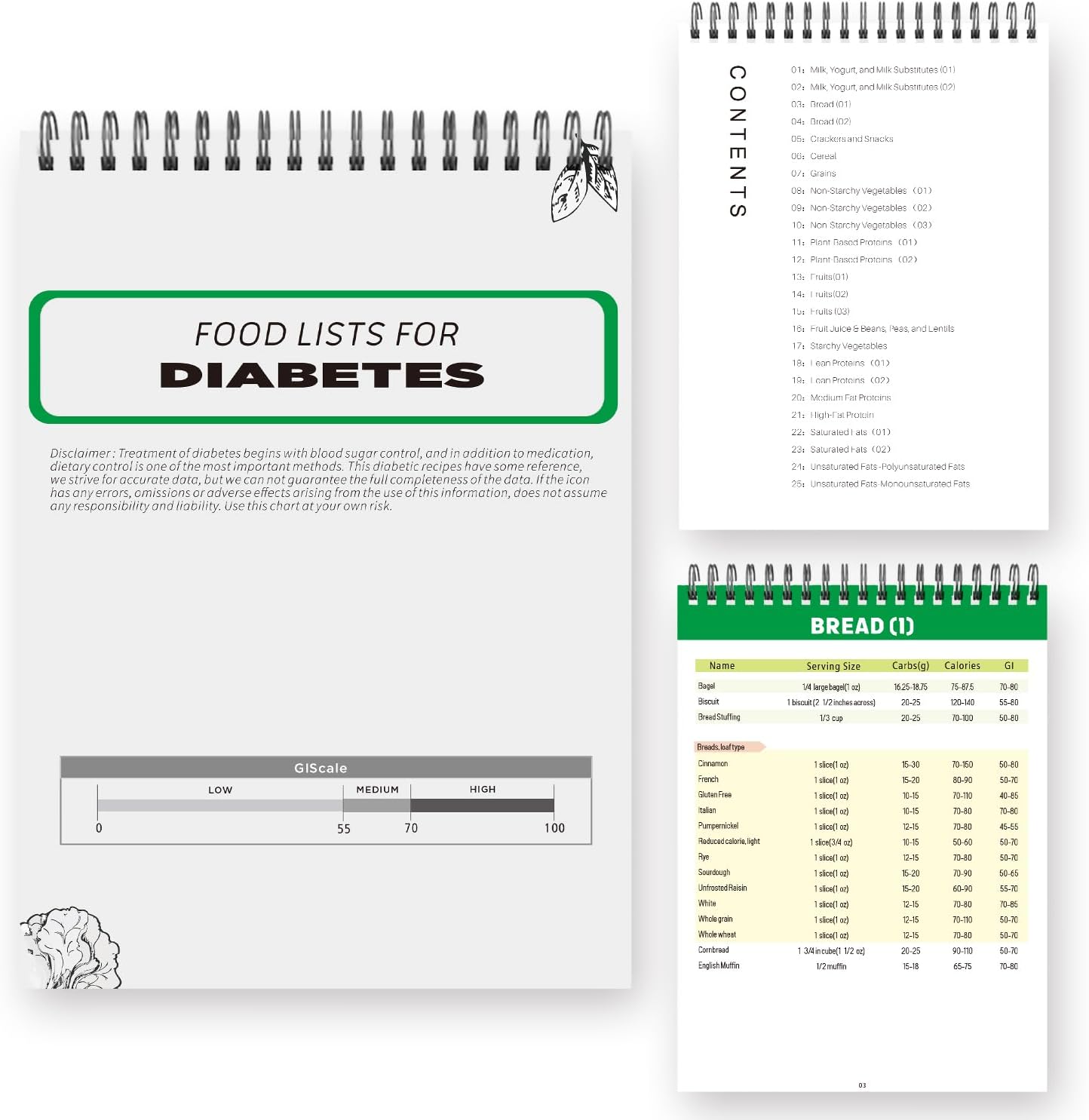 Diabetes Food List,Meal Planner for Diabetic,Glycemic Index Food Guide Chart with 345 Grocery Foods List,Diabetes Diet Guide with Serving Size, Carbs, Calories5.8 x 8.2IN，Green