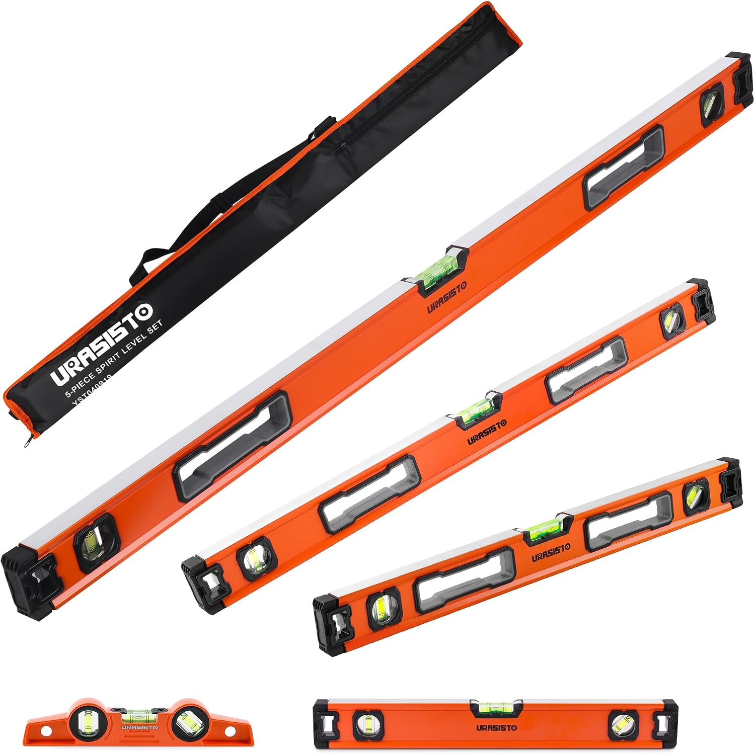 URASISTO 5-Piece Spirit Level Set, 10", 16", 24", 32", 48" Level Set with Magnetic Torpedo Level, 45°/90°/180°Bubbles Measuring, Aluminium Alloy Levels with Carrying Bag