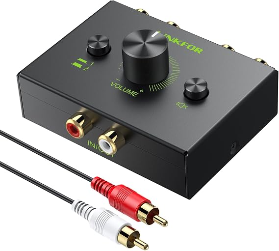 LiNKFOR Stereo Audio Bi-Directional Switcher - 2(1)-In-1(2)-Out RCA Audio Switch with Volume Control & Mute Button, Compact No Power Need Design 2-Way Selector Box for CD Players, Amplifiers, Speakers