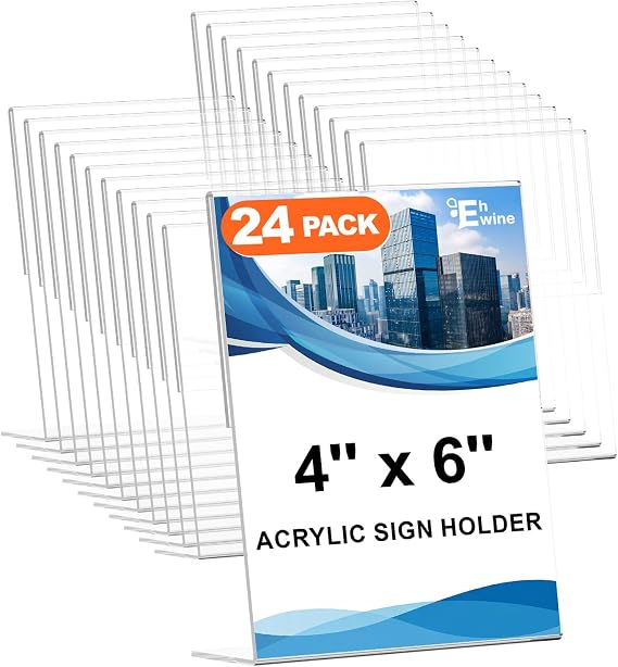 EHWINE 24 Pack 4 x 6 Acrylic Sign Holder, Clear Plastic Signs Display Stand, Vertical Slanted Back Paper Holder Stand up Table Top Sign Holders Flyer Stand Frames Suitable for Office Business Store