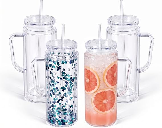 AGH 4 Pack 20 oz Acrylic Snow Globe Tumbler with Handle, Double Wall Plastic Cup for Glitter DIY, Pre-Drilled Hole with Plug DIY Craft Tumbler Set