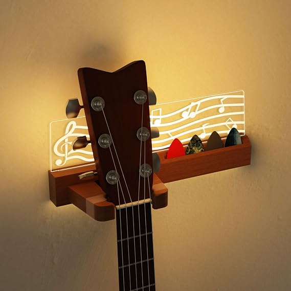CoolGift Mart Light up Guitar Wall Mount, Musical Notes Design, Pick Holder with USB Powered, Premium Wood and Acrylic, for Acoustic Electric Bass Ukulele Violin, Gift for Guitar Players