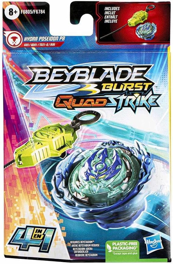 Beyblade Burst QuadStrike Hydra Poseidon P8 Spinning Top Starter Pack, Balance/Defense Type Battling Game with Launcher, Kids Toy Set