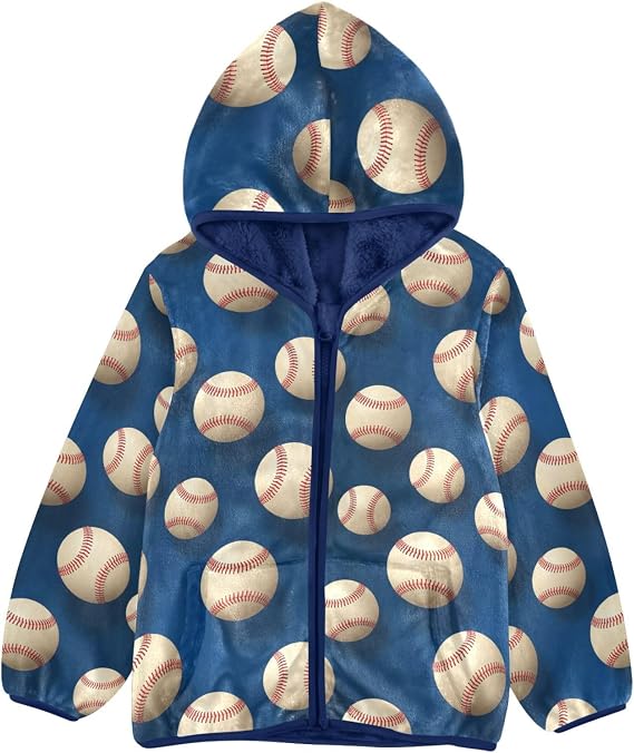 Baseballs on Blue Boy Fleece Jacket Hoodies Lightweight Zip Up Navy Blue Baby Boys Clothes