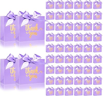 60Pack Mini Thank You Gift Bags, 4.5x1.8x3.9 Inches Purple Paper Gift Bags With Ribbon for Wedding, Candy Favor Boxes, Birthday Party, Baby Shower, Anniversary