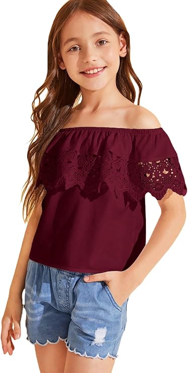 WDIRARA Girl's Folklorico Shirt Off Shoulder Ruffle Trim Lace Blouse Tops | Short Sleeve, Mexican Blouse, Dressy Peasant Tee, Casual