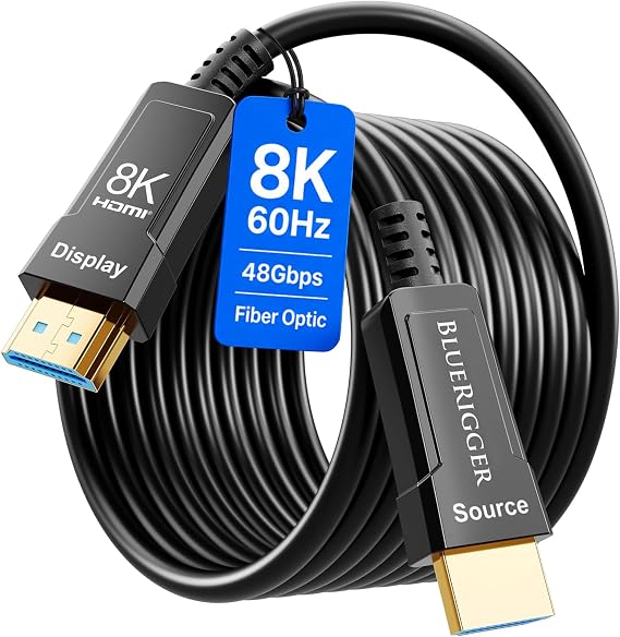 BlueRigger 10K 8K Fiber Optic HDMI 2.1 Cable 25FT in-Wall CL3 Rated 48Gbps