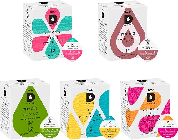 DRIP-POD Coffee Variety Set, 5 Boxes, 60 Cups Hawaii Kona Blend, Charcoal-grilled Coffee, Organic Colombia, Mocha, Kilimanjaro, Mandelin & Brazil