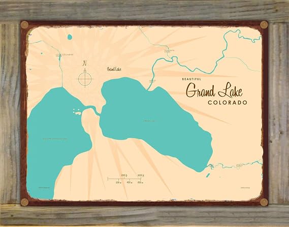Grand Lake Colorado Retro Steel Metal, with Oxidized Border and Mounted on Real Reclaimed Barn Wood, Wall Art Map Poster 9" x 12". Distinctive Wall Decoration for Home, Cabin, or Office