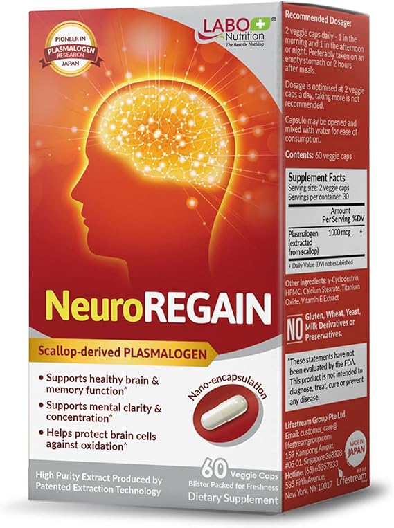 LABO Nutrition NeuroREGAIN Scallop Plasmalogen - Brain & Memory Support | 60 capsules, scallop-derived plasmalogen, 30 days' supply, for senior brain health, clinically studied formula