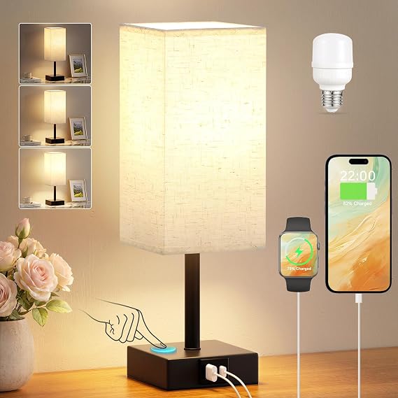 Touch Bedside Lamps, Bedside Table Lamp with USB A+C Charging Port [Energy Class F]