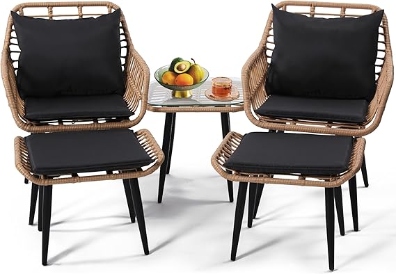 KROFEM 5 Piece Wicker Bistro Patio Conversation Furniture Set, Natural