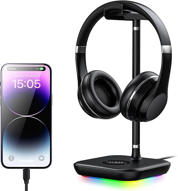 ALMAH RGB Gaming Headphone Headset Stand for Desk PC Gaming Accessories Headphone Headset Holder with 1 USB Charging Port Gift for Boyfriend Son Husband