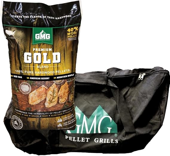 Green Mountain Grills Gold Blend Pellets and Tote Bag Combo -Red Oak, Hickory, Mountain Maple Blend