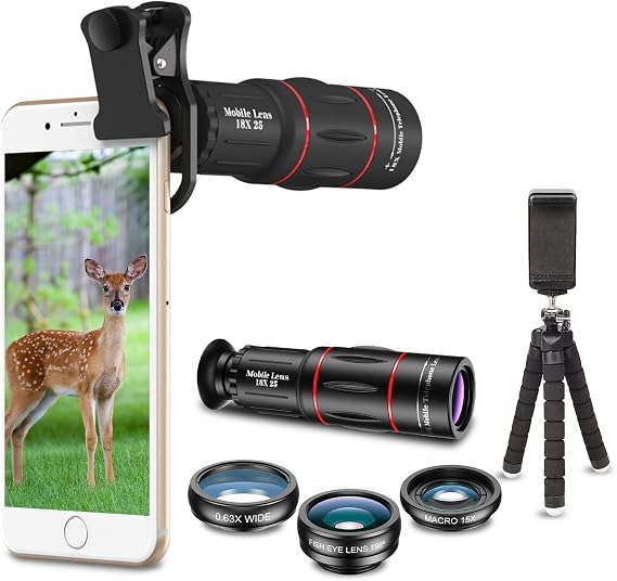 Apexel Phone Camera Lens Kit 18X Telephoto/Wide Angle&Macro Lens/Fisheye/Kaleidoscope Lens/Star Filter with Remote Shutter Tripod for iPhone Samsung and Most Smartphone