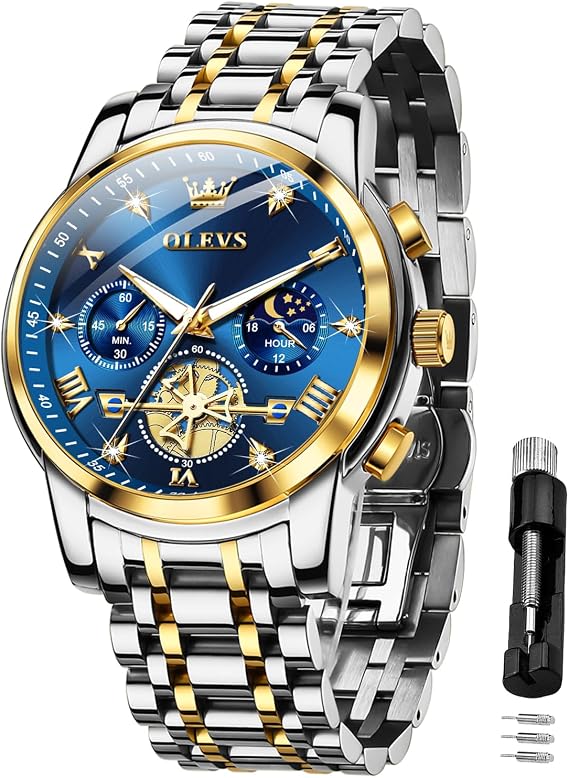 OLEVS Men Skeleton Watches Stainless Steel Analog Quartz Moon Phase Male Diamond Multi Calendar Chronograph Waterproof Wrist Watch for Men