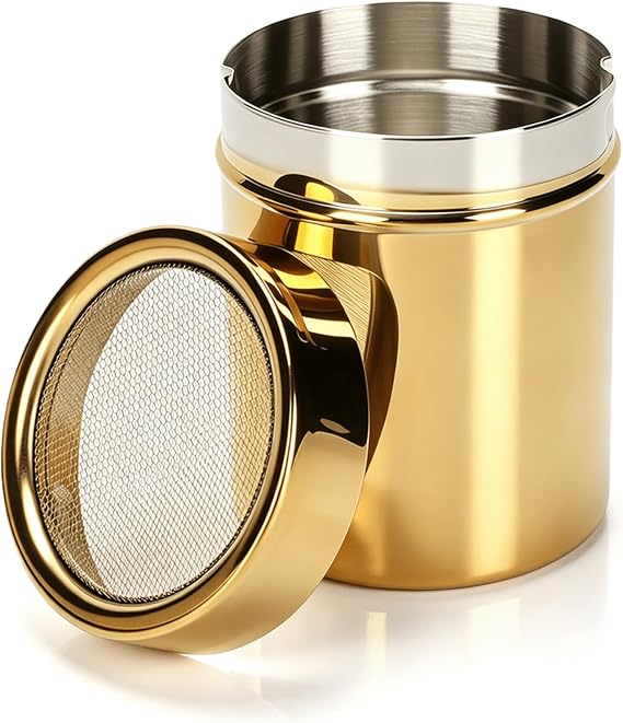 Stainless Steel Dredge Shaker, Powder Sugar Dispenser Fine Mesh Powder Sugar Shaker with Lid Gold Salt and Pepper Shakers for Kitchen Powdered Sugar Shaker