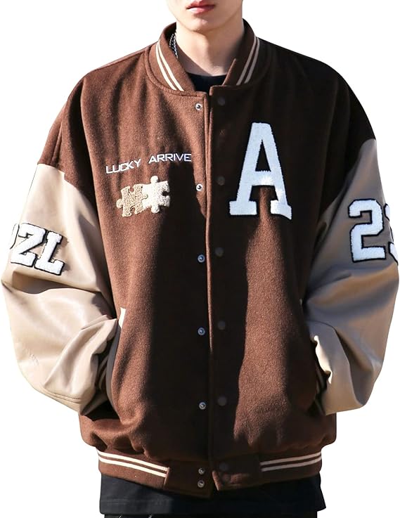 Moshtashio Varsity College Jacket Baseball Jackets Vintage Outwear with Pockets Unisex Coat Patchwork Top