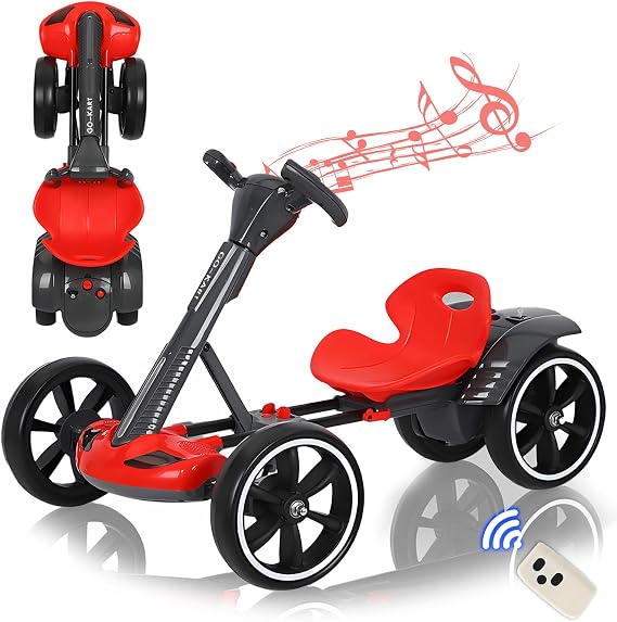 Electric Go Kart for Kids 3-12, Foldable Go Cart with Reversing Model, Pedal Go-Kart with Adjustable Seat & Music & Lights, 5 MPH Speed Drift Go Cart for Outdoor Indoor,Red,12V