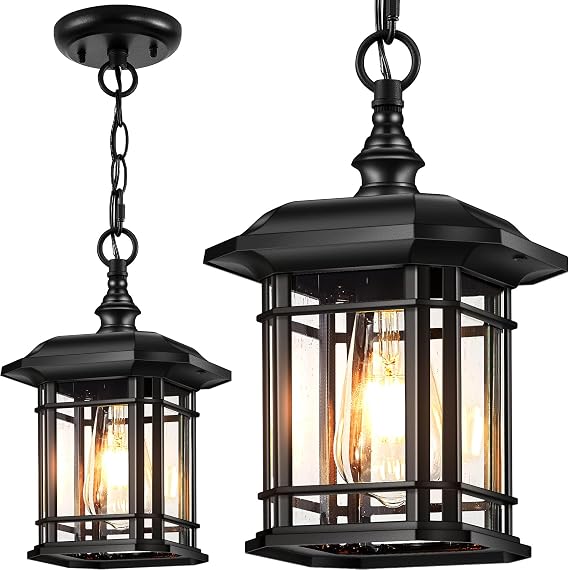 VIANIS Outdoor Pendant Lights for Porch, Black Exterior Hanging Lanterns Outdoor, Aluminum Farmhouse Ceiling Light Fixture, Waterproof Tempered Seed Glass Chandelier for Gazebo