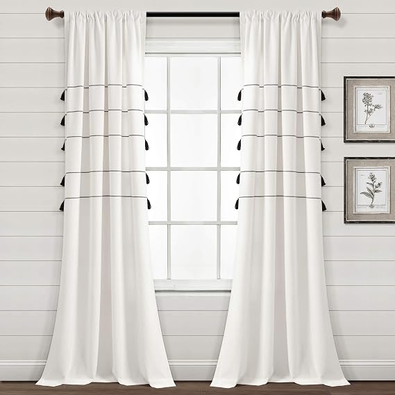 Lush Decor Farmhouse Boho Stripe Woven Tassel Yarn Dyed Cotton Blend Window Curtain Panels Pair 42" W x 95" L Ivory & Black - Striped Living Room Curtains