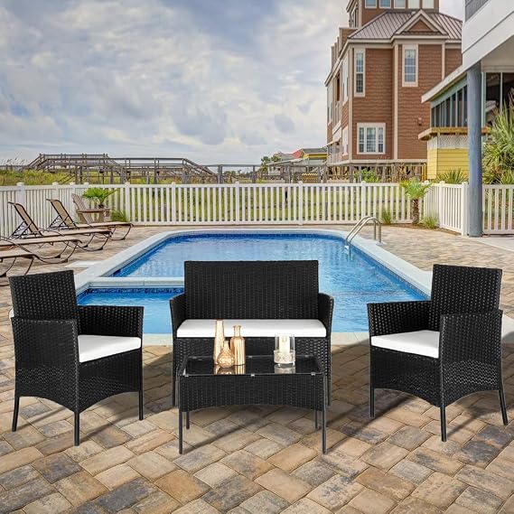 4 Pieces Outdoor Patio Furniture Set,All-Weather Rattan Outdoor Conversation Sofa Set,Wicker Bistro Conversation Set,with Glass Coffee Table & Cushion,for Garden, Porch, Poolside, Backyard (Black)