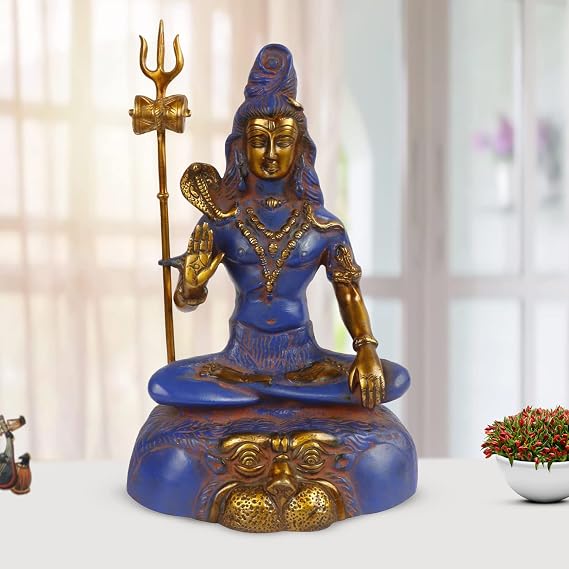 Kartique Brass Lord Shiva Neelkanth Idol Wearing Rudraksha Mala Sitting on Tiger with Trishul and Damru Shiv Murti Statue for House Warming Mandir Mahashivaratri Gift Blue and Gold Color 13 Inch