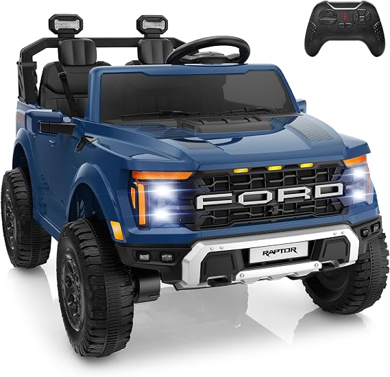 YOFE 24V Ride On Toys for Big Kids, Ford F-150 Raptor 2 Seater Ride on Car w/Remote, Power Kids Truck w/4 Wheels Suspension, Kids Electric Car w/Bluetooth, LED Lights, Truck Bed Storage (Blue)