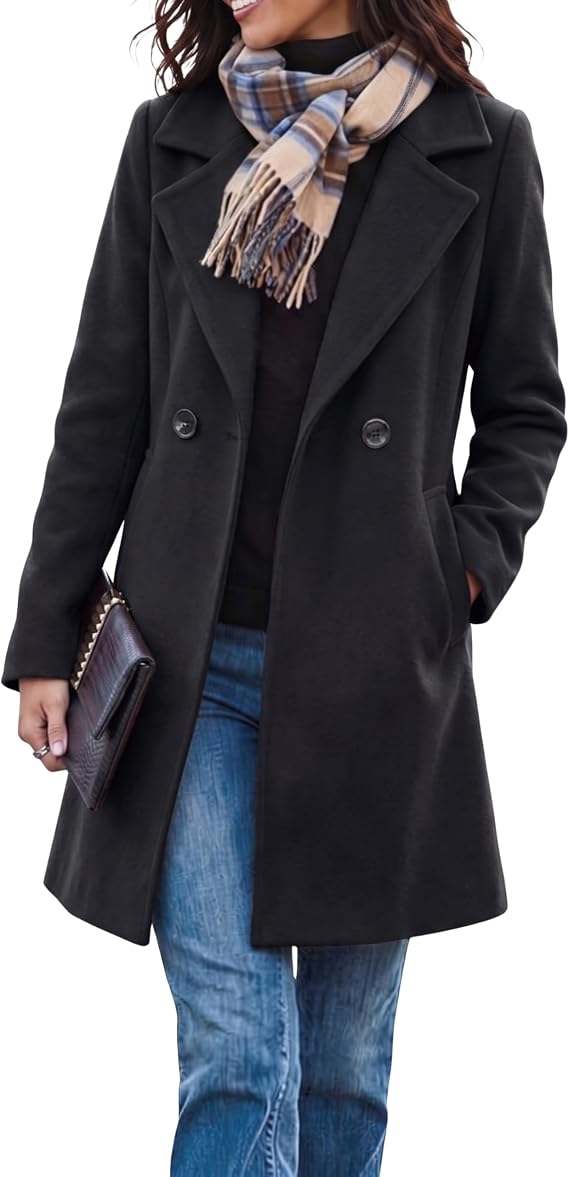 Tanming Womens Long Wool Coat Notched Lapel Trench Peacoats