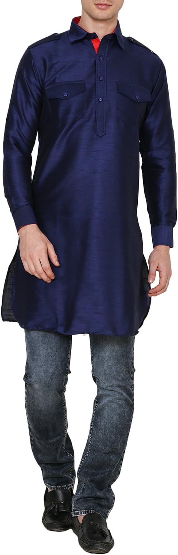 Royal Kurta Men's Silk Blended Pathani Kurta 42 Navy blue