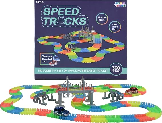 Speed Tracks Flexible Race Track Set - 360 Piece Bendable Glow in The Dark Race Track for Kids with 2 LED Toy Race Cars & Bridge - 14+ Ft Bendable car Race Track Toy for Kids Ages 3+