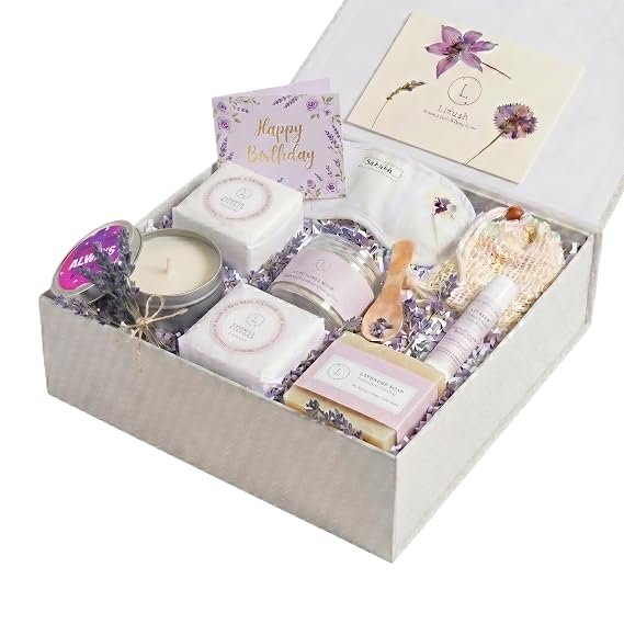 Spa gift basket Happy Birthday - Luxury 6-Piece Lavender Spa Kit for Women - Relaxation Spa Gift Basket, Self-Care Care Package for Wife - Happy Birthday - Handmade in the USA