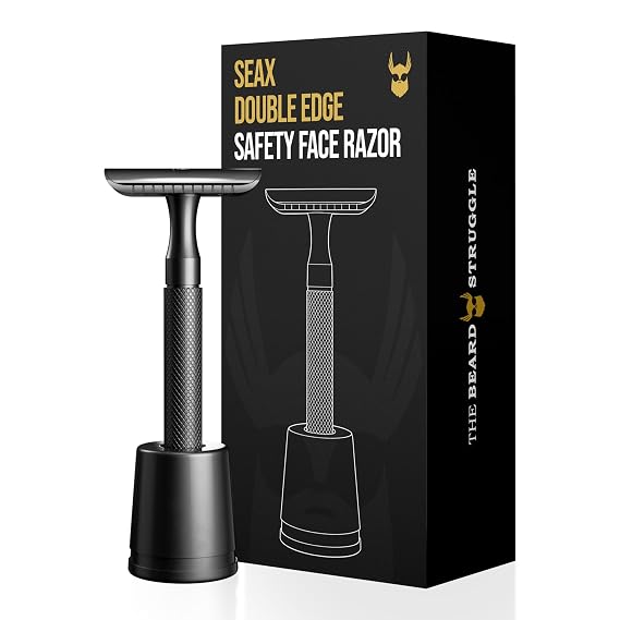 The Beard Struggle SEAX Double Edge Safety Face Razor for Men with Premium Brass Stand