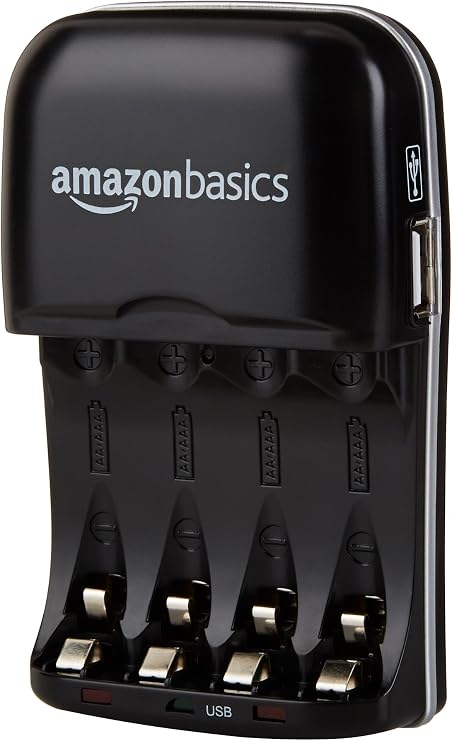 Amazon Basics Rechargeable Battery Charger for AA & AAA Ni-MH Batteries with USB Port, Portable, Travel-Friendly, Over-Charge Protection, Black