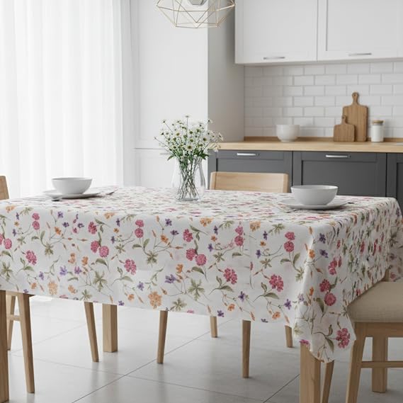 Baskılı Yıkanabilir 140 x 140 cm Masa Örtüsü Mutfak Bahçe Piknik Masa Örtüsü I Pembe Ağırlıklı Çiçek Desenli