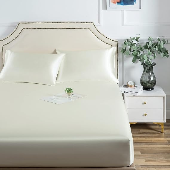 LuxBedding Satin Fitted Bed Sheet Only, Soft as Silk, Queue Size, Ivory