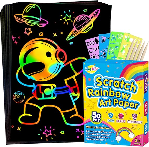 RMJOY Rainbow Scratch Paper Art for Kids: 50PCS Magic Arts Crafts Gifts Toys for Girls Boys Ages 3-12 Games Activities for Birthday Party Family Day Classroom Prizes Easter Basket Stuffers(Boys)