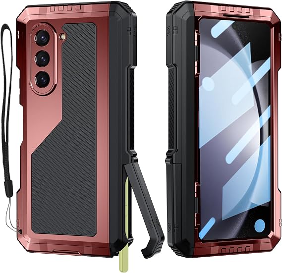 for Samsung Galaxy Z-Fold-5 Case with Fold 5 Slim S Pen Holder (2023), Metal Bumper Premium Heavy Duty Shockproof Protective, Hinge Protection, Screen Protector, Rugged Phone Cover 5G, Red