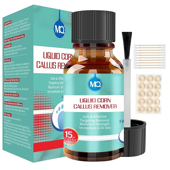 MQ Professional Corn & Callus Remover Liquid for Feet & Toes Fast Acting for Corn Removal, Hard Skin & Dead Skin Includes 15ML Solution + 15 Cushions + 10 Swabs Effective Foot Care Solution